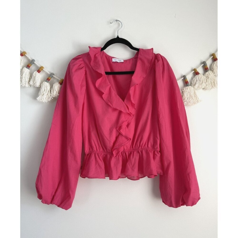 Evereve Pink Surplice Ruffle Balloon Sleeve Top Coquette Fairy Whimsical S